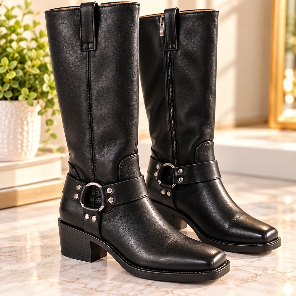 Womens Black Harness Biker Boots Square Toe Block Heel Tall Zip Up Size 7
